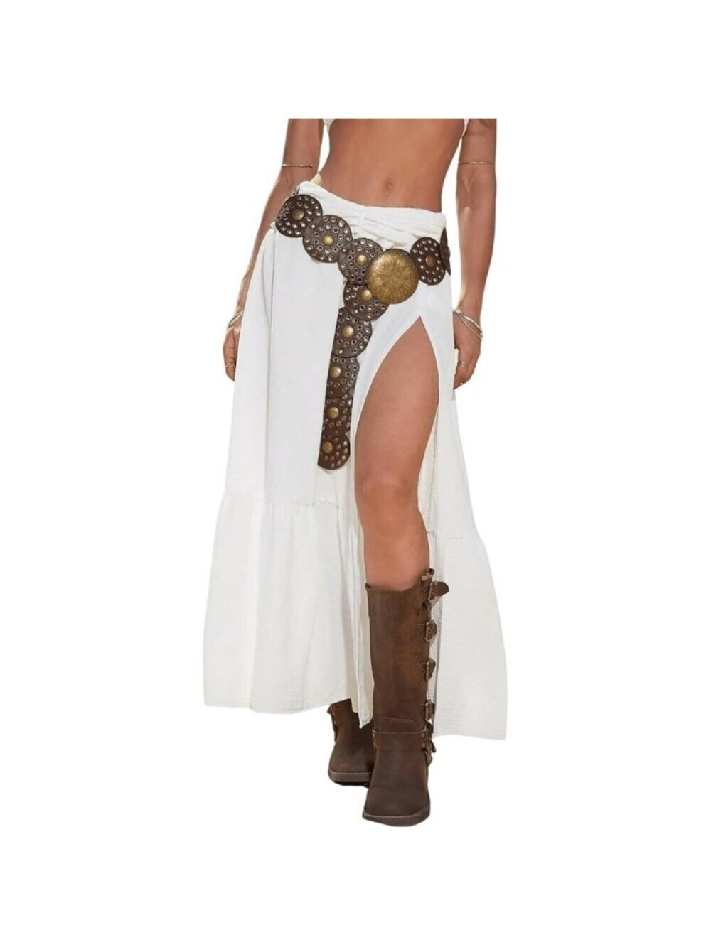 Women's White Western Low Rise Maxi Ruffle High Slit Cowgirl Skirts